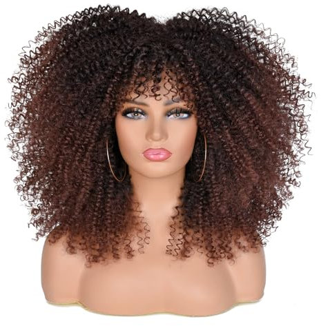 ISAMY Lange lockige Perücken für Schwarze Frauen Afro Bomb Curly Perücke mit Pony Synthetische Faser Klebefrei Lange Afro Kinky Curly Haar (Dunkelbraun)