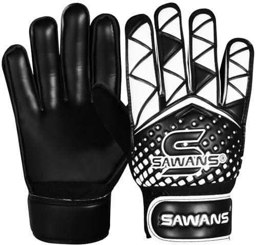 SAWANS Gants de Gardien de But de Football pour garçons, Enfants, Enfants, Jeunes, Gants d'entraînement, Gardien de But, Protection du Poignet, Paumes (Noire, Size 7 (S/M) Adult)
