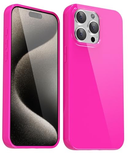 Svanove for iPhone 15 Pro Max Case Silicone, Glossy Soft Rubber Gel Jelly Cute Protective Plastic Simple Plain Phone Case Cover for Women Girl, Slim Thin Flexible Shockproof TPU, Neon Hot Pink