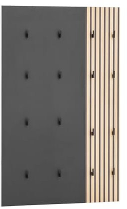 Lomadox Garderobenpaneel Flur Garderobe Hakenpaneel Wandpaneel 8 Kleiderhaken Kleiderständer modern in schwarz matt mit Eiche Natur