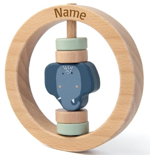 Trixie Rassel Baby aus Holz PERSONALISIERT mit Name graviert Greifring für Baby Geschenk zur Geburt Elefant