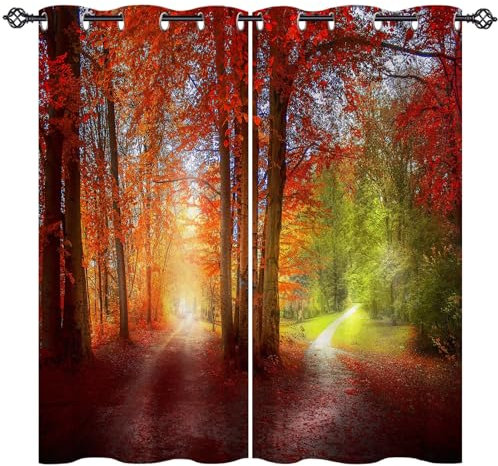 ANHOPE Natur Herbst Wald Pfad Vorhänge mit Ösen Weich Gardinen Blickdichte Thermo Vorhang Blackout Curtain Schlafzimmer Wohnzimmer Verdunklungsvorhänge 2er Set H 160 x B 107 cm