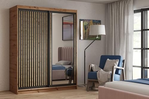 BEAUTY SOFA Donatello Schrank - Kleiderschrank mit Spiegel, Einlegeböden, Kleiderstange, Schiebetüren und Lamellen, Garderobenschrank, Flurschrank - Eiche Artisan, Schwarz - Breite 120cm
