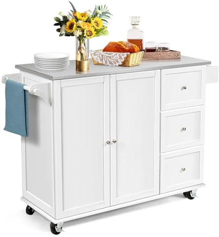 ZXFIYTBH Lagerregalwagen Kücheninselwagen auf Rädern, mobiler Servierwagen mit Edelstahl-Arbeitsplatte, 3 Schubladen, 2-türiger Schrank, verstellbar Multifunktionswagen