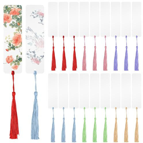 SYEYCW 60 Stück Acryl Lesezeichen Set, 30 Stück 12 x 3.2cm Transparente Blanko Bookmark mit 30 Stück Bunten Quasten, Rechteckige DIY Basteln Lesezeichen, für Dekorative Lesezeichen, Geschenkanhänger