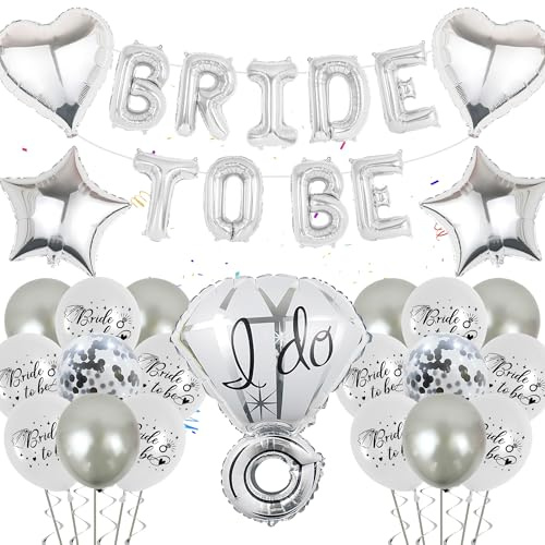 Junggesellinnenabschied Dekoration Ballon Silber - Bride to Be Banner Ballon, Silber Diamant Ring Ballon Silber Herz Stern Folienballon für Brautdusche Junggesellinnenabschied Hochzeit Dekorationen