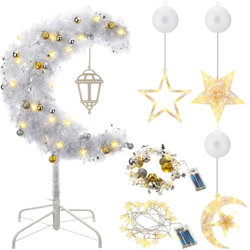 Glooglitter Eid Outdoor-Dekoration, 91 cm, beleuchteter Ramadan-Mubarak-Halbmond-Baum mit Sternschnur, LED, künstlicher Mondbaum für Eid Ramadan, Garten, Zuhause, Outdoor, Party-Dekoration (Silber)