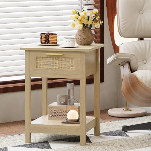 Trironsun Rattan Nachttisch Boho Beistelltisch mit Lagerung Schublade und offenes Regal Gold Griff End Tabelle für Schlafzimmer Wohnzimmer