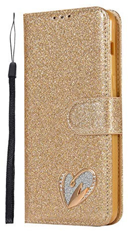 HONHULEE Handyhülle für Samsung Galaxy J7 2017 /J730 Hülle PU Premium Leder Wallet Tasche Flip Case Magnetic Closure Handyhülle Kartenfächer Stand Flash Herzförmige Diamant Schutzhülle, Golden