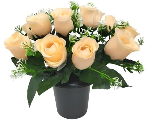 Caliko 25cm Grave Flower Pots with Improved Design | Artificial Flowers for Graves in Pots | 12 Head Peach Cemetery Decorative Artificial Flowers for Christmas & Grave decoration.