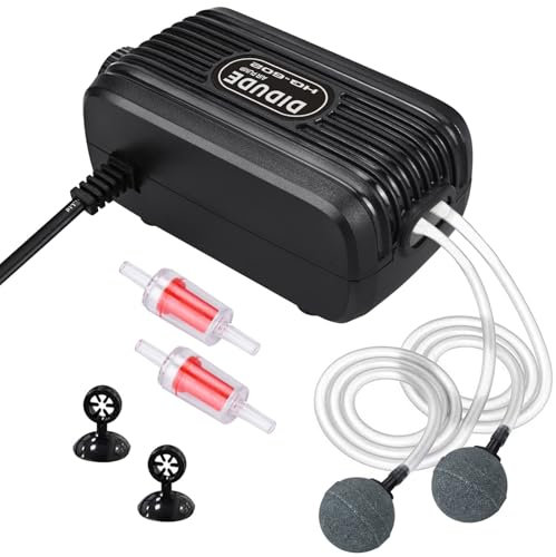 Cirulli Silent Mini Bomba Aire Acuario 5W Ultra-Silencioso 20-40dB,Oxigenador Acuario de Doble Salida con 2 Piedra de Burbujas y 2 Válvula de Retención para Acuarios de 10–300L