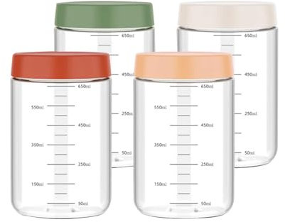 Hafergläser mit Deckel, auslaufsicher, 750 ml, für Lebensmittel, Haferbehälter mit Messmarkierungen für Salat, Dressing, Snacks, Soßen, Saft, Müsli, Milch, Obst, Gewürze, 4 Stück