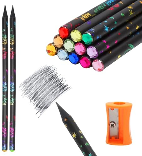 TMZELOA 12 Stück Blackwood HB Bleistift Set mit Strass und Spitzer elegante Holzbleistifte mit ergonomischer Form und eingebautem Anspitzer, Perfekte Geschenkidee für Schule Büro Erwachsen
