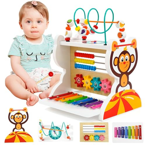 Maycoly Motorikwürfel Aktivitätswürfel Holz 5-in-1 Aktivitäts-Center Holzperlenlabyrinth Abakus und Xylophon Montessori Spielzeug Holzspielzeug für Kleinkinder ab 3 Jahre +