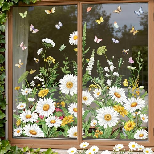 wondever Fensterbilder Gänseblümchen Weiße Blumenwiese Fenstersticker | Wiederverwendbar, Doppelseitig Statisch PVC Fensterdeko, Fenster Vogelschutz, Frühling Deko für Glas Tür Wohnzimmer Küche