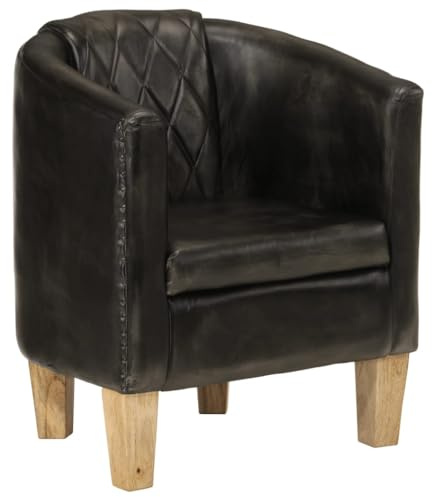 Tonture Clubsessel Grau Echtleder, Massives Mangoholz, 58x54x70cm, Bequemer Lounge Sessel für Wohnzimmer, Schlafzimmer, Leseecke, Indoor, Erwachsene