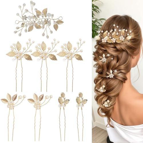Épingles À Cheveux De Mariée,8 Pièces Fleur Cheveux Mariage,Barrette Cheveux Fleur Perle Pince Feuille D'or,Pour Femmes Et Filles Mariées, Demoiselles D'honneur