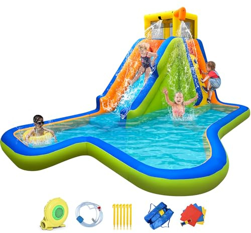 Toboggan aquatique gonflable 6 en 1 pour jardin, parc aquatique avec toboggan, piscine, mur d'escalade, arroseurs, château rebondissant pour humide et sec