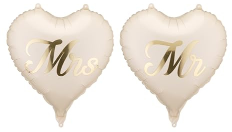 Folienballons Herz Mr & Mrs 35x35cm Set 2 Stk - Ballon für Helium oder Luft - in Beige mit Goldschrift - Hochzeitsdeko für Brautpaar Hochzeit Wedding