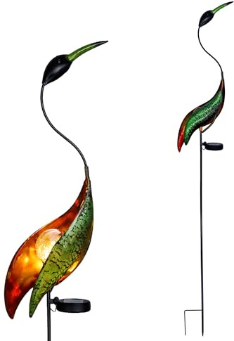 LED Solar Gartenstecker Fischreiher mit Crackle Glas Kugel - 120x26 cm - Beetstecker Kranich Dekoleuchte warmweiß mit Dämmerungssensor - Gartenfigur Dekolampe Solarlampe Garten Deko Tier Figur