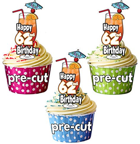 Happy 62 ND BIRTHDAY Cocktail Glas – vorgeschnittenen essbare Cupcake Topper/Kuchen Dekorationen – Herren – Damen – Feiern – Party 24er-Pack