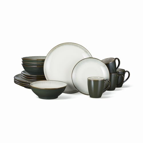 Sango Novelle 16-teiliges Casual Moss Porzellan Geschirrset - Service für 4, Teller, Schüsseln & Tassen, Braun & Grün Reaktive Glasur, Mikrowellen- & Spülmaschinenfest, für tägliches Essen &