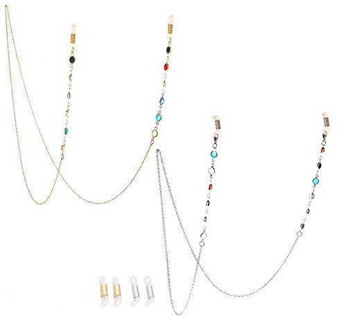 Jurxy 2 Stück Brillenkette Sonnenbrillen Brillen Kette Perlen Lesebrillen Brillenbänder in Ketten Brillen Hals Schnur Gläser Band Brille Cords für Damen Geschenk mit 8 Stück Silikon Antirutsch Ringe
