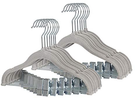 Finnhomy Non-Slip Clothes Hangers for Baby and Kids 20-Pack Velvet Hangers with Movable Clips, Heavy-Duty and Space-Saving for Pants,Skirts, Coat, Gray