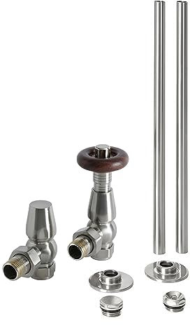 Milano Windsor Traditional Satin Nickel Angled Thermostatic Radiator Valve TRV Pipe Set