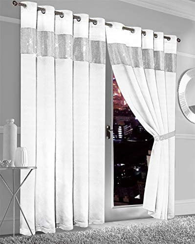 Olivia Rocco Diamante Blackout Eyelet Curtains With Tie Backs Black Out Thermal Ring Top Curtain Pair Window Dressing, 90 (Width) x 90 (Drop) White