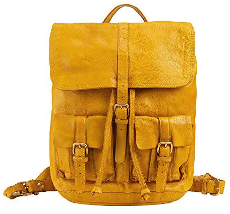 DUDU Rucksack Leder Casual Damen Herren Vintage Großes Fassungsvermögen mit Doppeltem Verschluss Klappe und Kordelzug Saffron Yellow