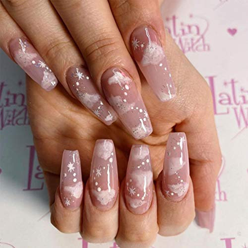 24 PCS Nude Nuage Faux Ongles, Long Cercueil Faux Ongles Nude Nuage Ballerine Nail Conseils pour DIY Nail Art Salon Femmes Filles