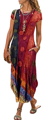 Minetom Maxikleider Damen Sommerkleid Casual Kurzarm Rundhals Strandkleid Boho Kleider Blumendruck Lang Kleid mit Tasche Rot L