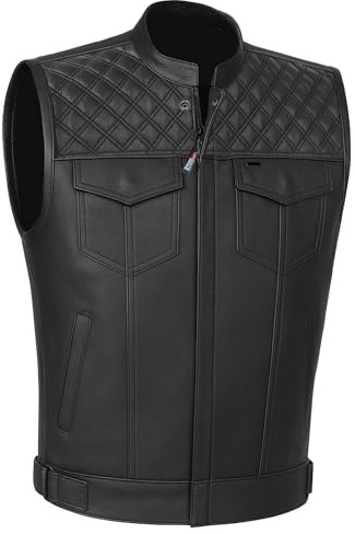 Jackets 4 Bikes SOA Men's Motorcycle Vest, Geniune Buffalo Leather, Back Armor, Inside Pockets, Motorbike Riding Club Vests Black XL
