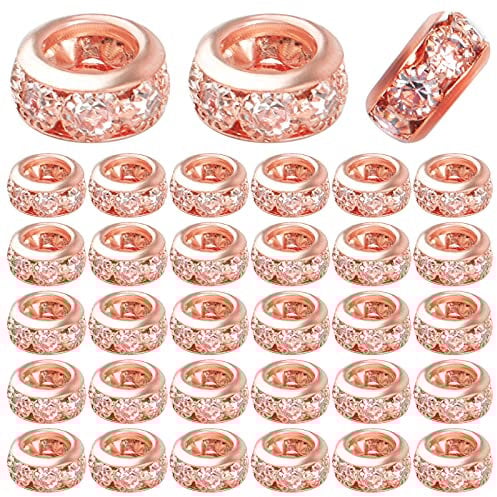 BronaGrand 40pcs Rose Gold European Large Hole Beads Rhinestone Rondelle Spacer Beads Crystal Loose Charm Beads for DIY Bracelet Necklace Crafts Jewelry Making Supplies, Hole: 6 mm