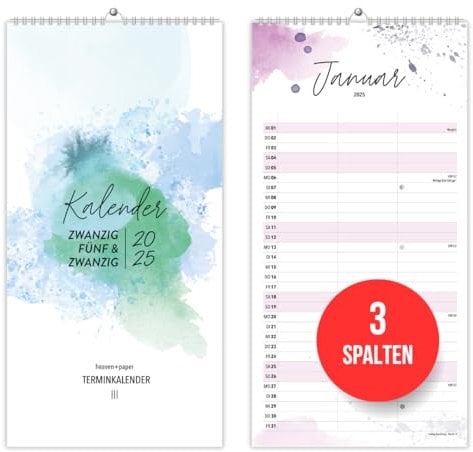 heaven+paper Kalender 2025 Wandkalender 3 Spalten – Paarkalender im modernen Watercolor Kunst Design – Familienplaner 2025 für zwei zum aufhängen bunt – Made in Germany (Splash, 3 Spalten)