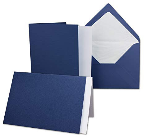 10x Karten-Set DIN B6-12 x 17 cm - 120 x 170 mm - Falt-Karten mit Brief-Umschlägen & Einlege-Blättern - Gerippte Struktur Oberfläche - Dunkelblau - Vintage Einladungskarten