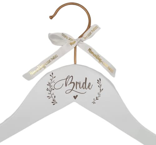 Kleiderbügel für den Hochzeitstag mit Kupferhaken &Text in Kalligraphie, Geschenk für Braut, Bräutigam, Trauzeugin, Trauzeuge (Weißes Holz mit Kupfer, Botanical Bride, Lasergraviert)