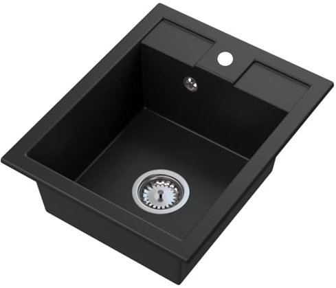 GRANITAN BEST Küchenspüle – Spüle aus Granit mit Siphon Chrom, Sieb und Imprägniermittel - Spülbecken mit 1 Becken – Einbauspüle 40x50 cm – Schwarz