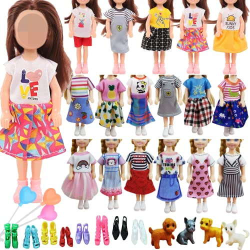 18-teiliges Kleidungs-Outfit, kompatibel mit Chelsea-Puppen, 15,2 cm, Puppenzubehör, inklusive 12 Kleidern im zufälligen Stil, 2 Paar Schuhe, 1 zufälliger Hund und 3 bunte Luftballons für Kinder,