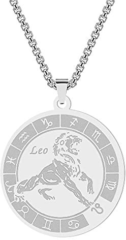 Leo Zodiac Sign Pendant Necklaces for Women Men 12 Constellation Charm Stainless Steel Astrology Horoscope Sign Disc Jewelry Birthday Gift (Leo-S)