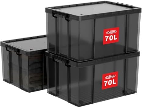 Cetomo 70L*3 Storage Boxes, Stackable Storage Box with Lids, Heavy-Duty Lidded Container with Wheels, Reinforced Corners, Vertical Sides and Clip Closure, Durable, Plastic, Clear Black, 70L-3Pack