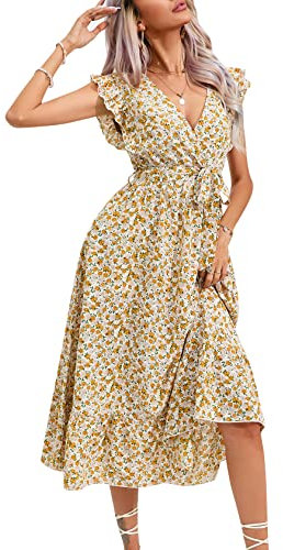 KOJOOIN Damen Sommerkleid Kurzarm Maxikleid Lange Wickelkleid Volant Kleid Rüschen Strandkleid V-Ausschnitt Elegante Blumenkleid mit Gürtel (Verpackung MEHRWEG), A-Blumen-Gelb, XL