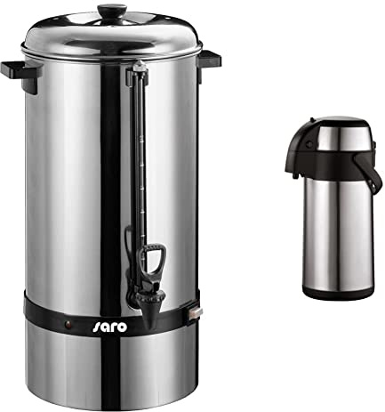 Saro Gastro Kaffeemaschine mit Rundfilter Modell Saromica 6015 Industriekaffeemaschine , Silber & axentia Airpot in Silber, Pumpkanne aus rostfreiem Edelstahl, Isolierkanne mit Doppelwand, ca. 3 L