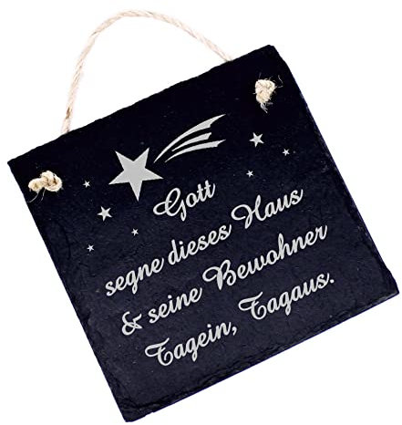 Gott segne dieses Haus und seine Bewohner Tagein, Tagaus - Schild Schiefer graviert Türschild Haussegen Segnung Einzug 11 x 11 cm