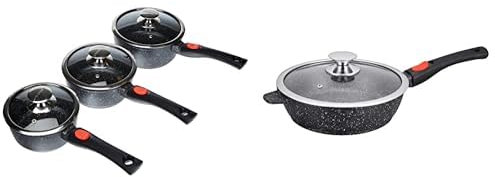 Kamberg - Set 3 Casseroles Gris 16/18 / 20 cm - Manche Amovible - Fonte d'Aluminium & Sauteuse 28 cm - Gris - Manche Amovible - Fonte d'Aluminium - Revêtement Type Pierre - Couvercle en Verre