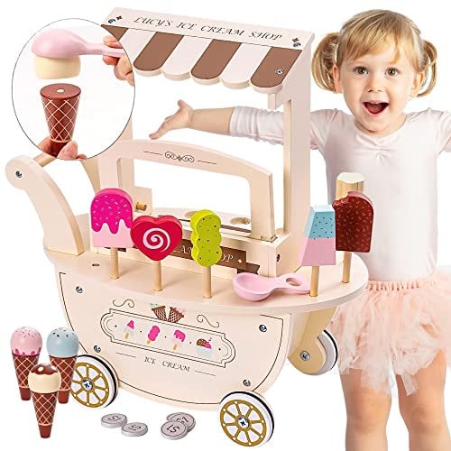 Mamabrum Eiswagen Holzspielzeug Set - Eisdiele mit Magnetischem Zubehör, Kuchenzubehör Kinder Holz, Einkaufsladen Zubehör - Rollenspiel ab 3 Jahren (15 Teile)