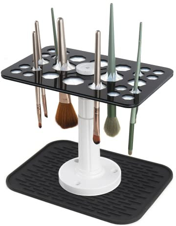 DODAMOUR Séchoir à pinceaux de maquillage avec tapis en silicone, support à 26 trous en acrylique, support pour pinceaux de maquillage réglable