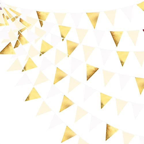 Weiß und Gold Party Dekorationen Gold Beige Weiß Stoff Dreieck Wimpel Banner Flagge Wimpel Girlande für Abschluss Hochzeit Geburtstag Brautdusche Jahrestag Verlobung Taufe Party Supplies