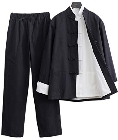 ZHOUXIAO Kung Fu Uniforms Ensemble De 3 Pantalons d'arts Martiaux Veste Tang Suit Chinois Vêtements Traditionnels Arts Martiaux Suit en Coton Ligne Chun Tai Chi Tissu Black-M